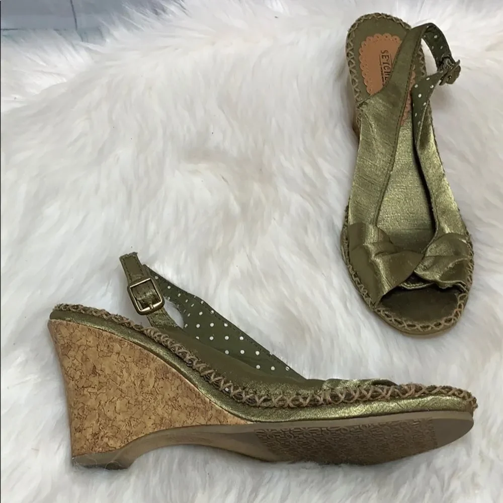Anthro‎ Seychelles Olive Green Satin Wedges Sz 7.5